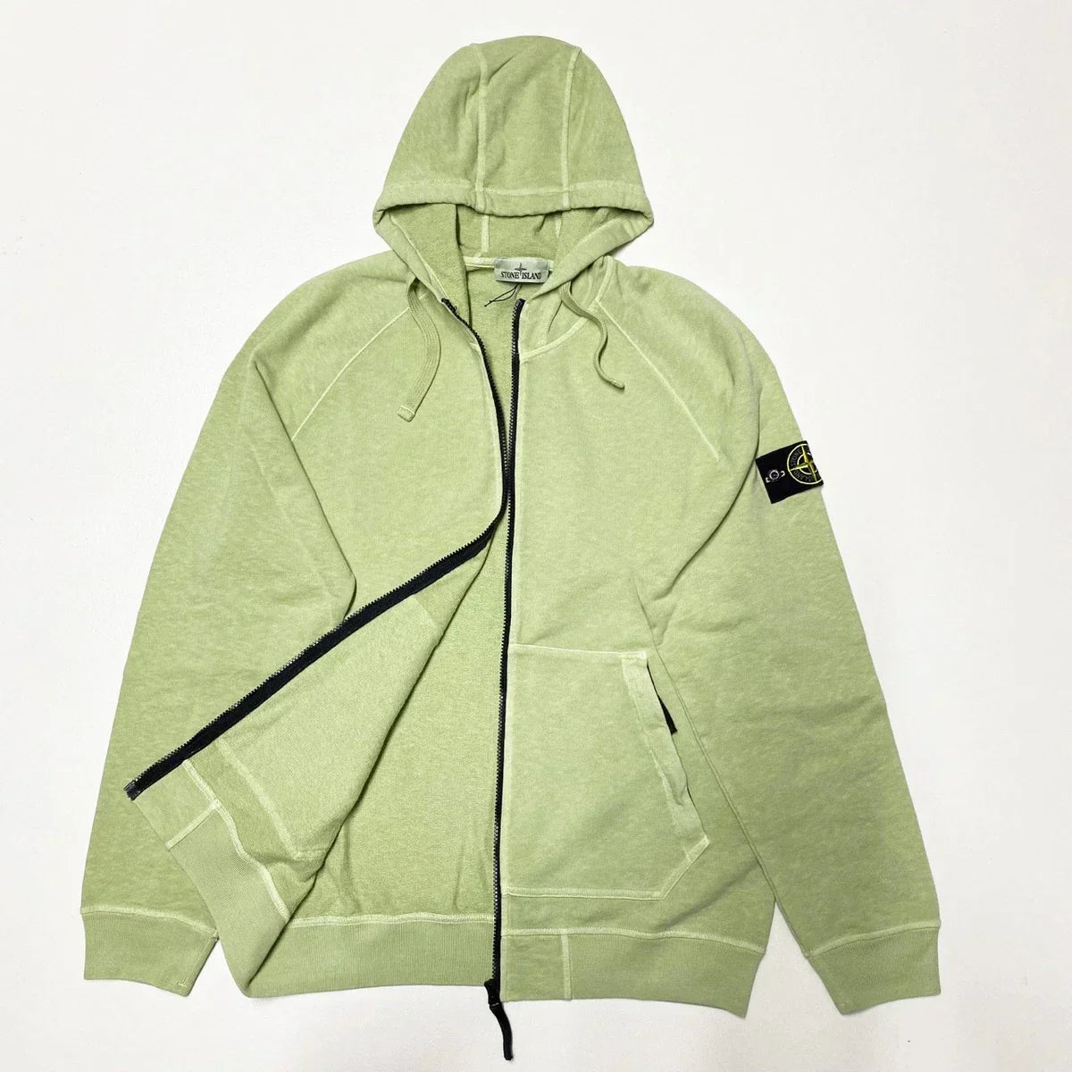 Stone Island Garment Dyed Full Zip Hoodie In Lime Green