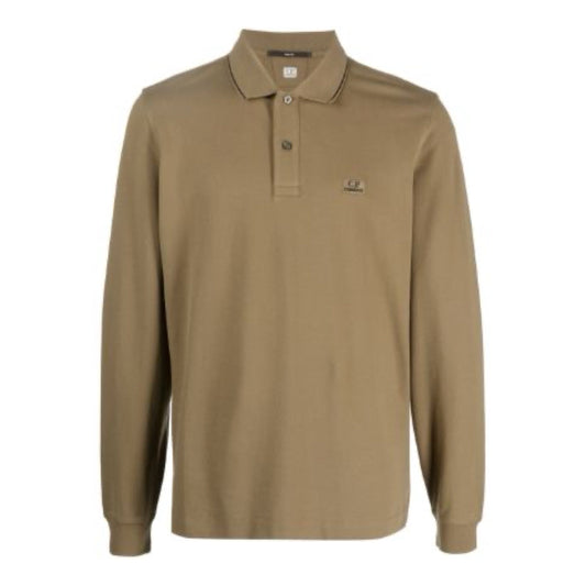 Cp Company 070A Slim Fit Long Sleeve Stretch Piquet Polo Shirt in Butternut Brown