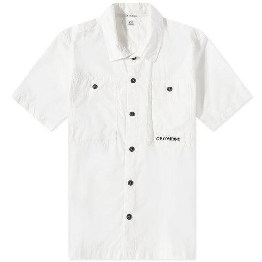 Cp Company Rip-Stop Embroidered Logo Short Sleeve Shirt in White