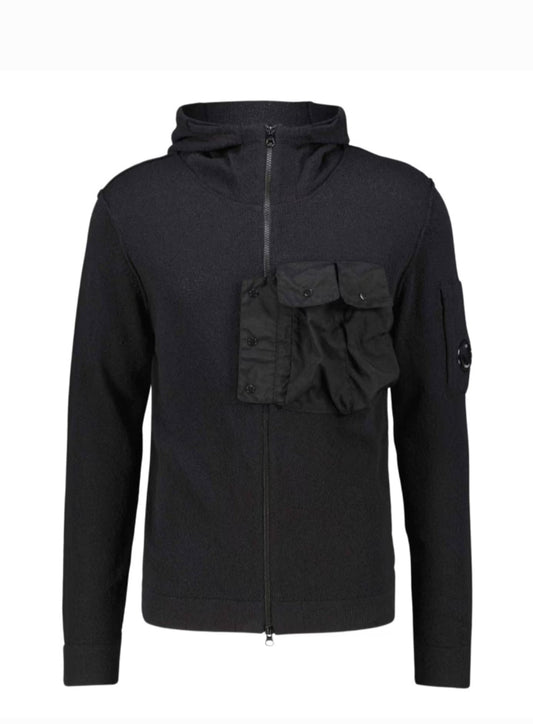Cp Company Sponge Knit Lens Hooded Sweatshirt In Black