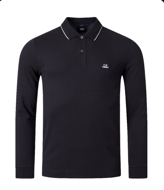 Cp Company 070A Slim Fit Long Sleeve Stretch Piquet Polo Shirt in Black