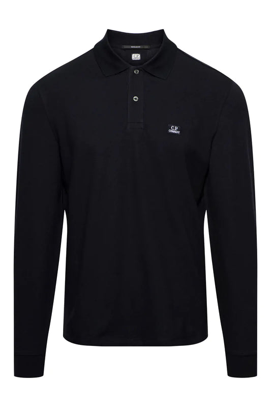 Cp Company 100A Stretch Piquet Long Sleeve Polo Shirt in Navy
